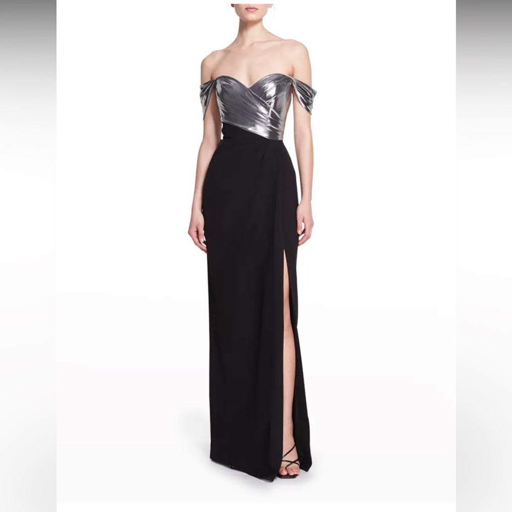 Marchesa Silver and Black Off-Shoulder Gown
